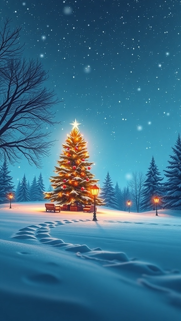 Christmas aesthetic wallpaper with a snowy scene, decorated tree, and twinkling lights, designed for mobile screens.